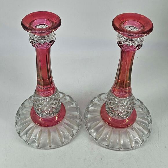 Vintage Tiffin Glass Cranberry Baronial Candlestick candle Holder Set of 2 - Picture 2 of 3